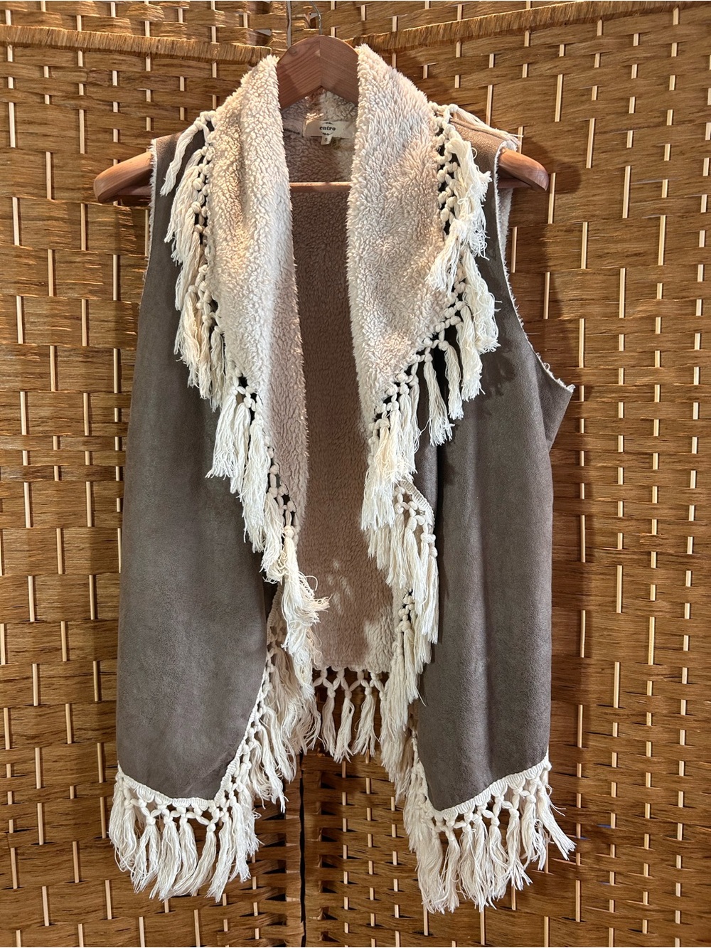 Boho Faux Suede Sherpa Fringe Vest Brown Cream Festival Western Size S